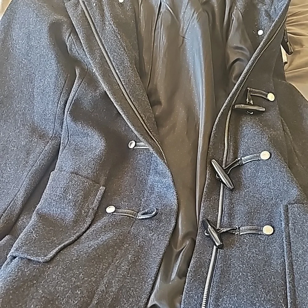 Liz Claiborne wool hooded long jacket zipper front decorative buttons Large - Picture 9 of 11